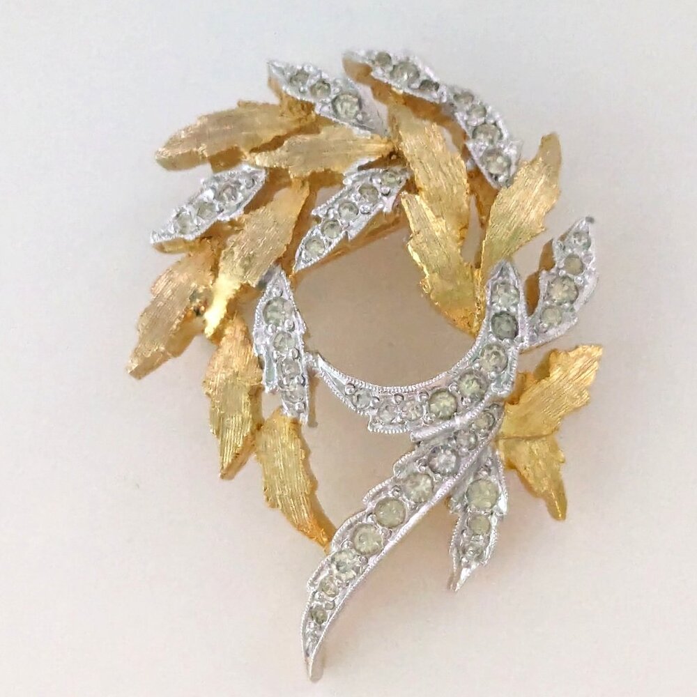 Vintage POLCINI Gold Silver Tone Clear Rhinestone Leaf Swirl Brooch Pin
